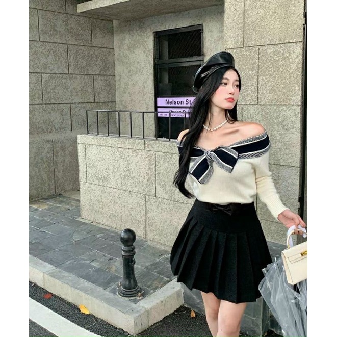 Áo len trễ vai hot hit💙áo len cổ thuyền phối nơ mặc được 2 kiểu cực đẹp.
