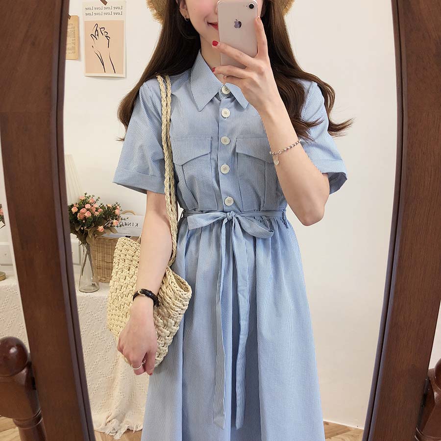 Đầm midi ngắn tay kẻ sọc cổ cao thanh lịch nữ tính 36241