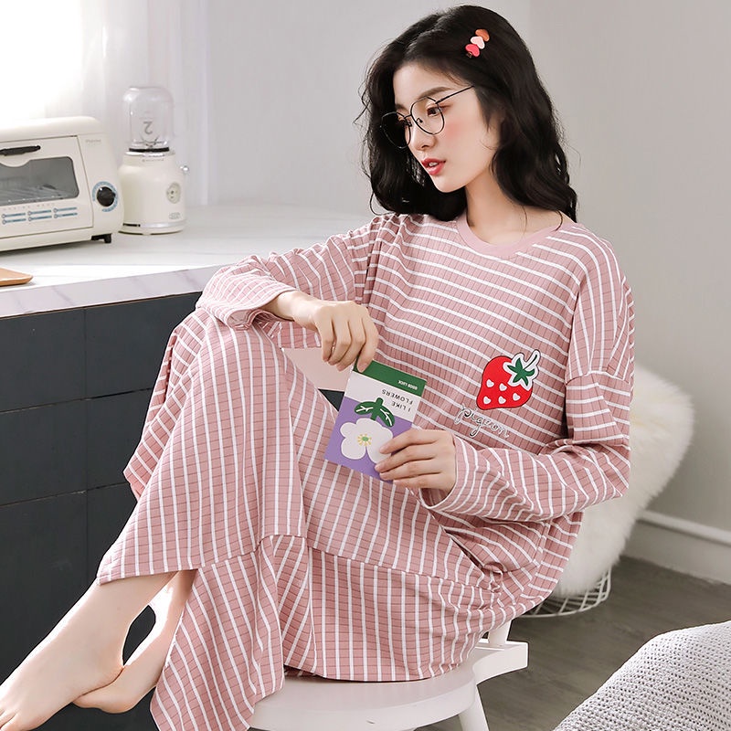 Đầm Ngủ Cotton Tay Dài Dáng Rộng Thời Trang Xuân Thu Cho Nữ
