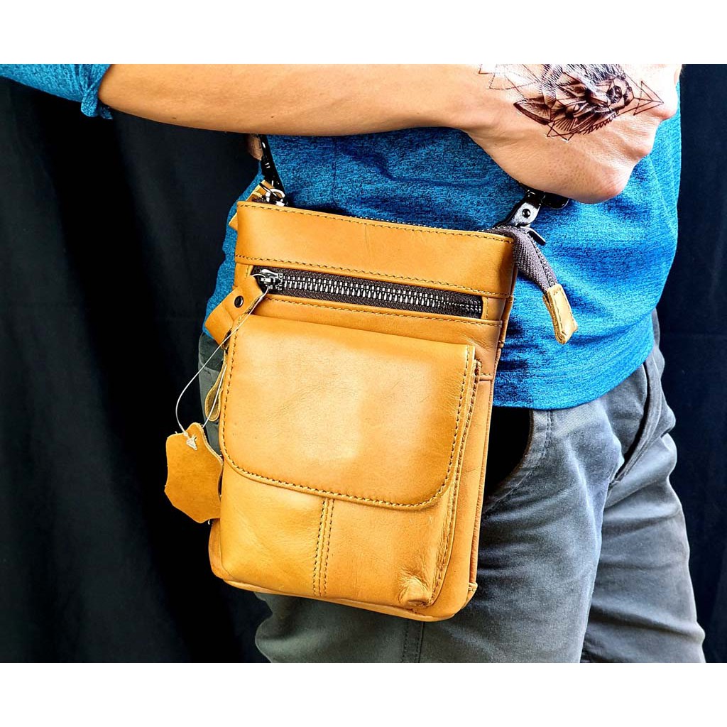Túi da Nam mini đeo chéo kết hợp đeo hông màu vàng bò (19x12cm) - TD103