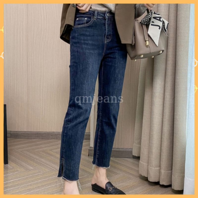 Quần jeans bò nữ xẻ gấu đậm chất vải co dãn phong cách Hàn Quốc