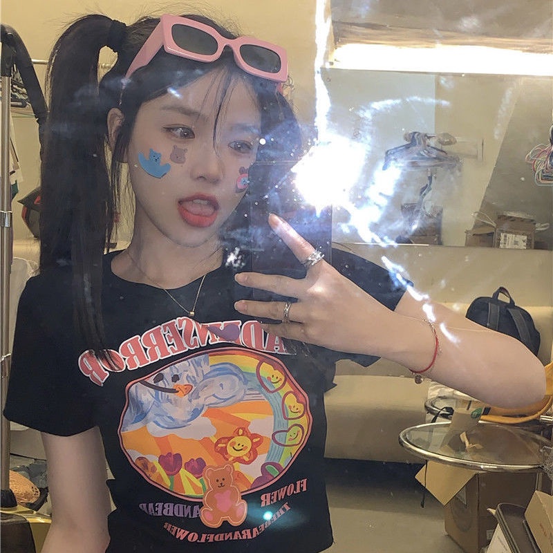 COZOK Áo Thun Tay Ngắn Hở Eo Form Ôm In Họa Tiết Thời Trang