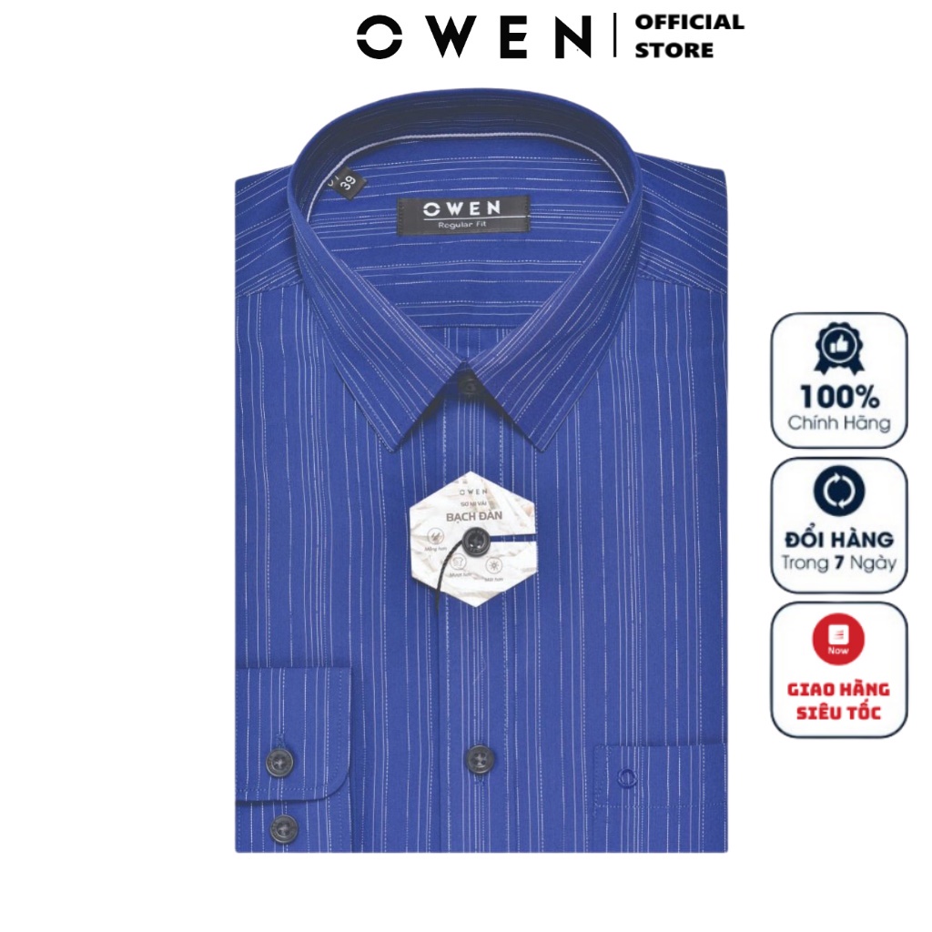 Áo Sơ Mi Nam Tay Dài Owen AR22907DT Dáng Regular Fit Vải Sợi Bạch Đàn Màu Kẻ Sọc Trắng Nền Xanh