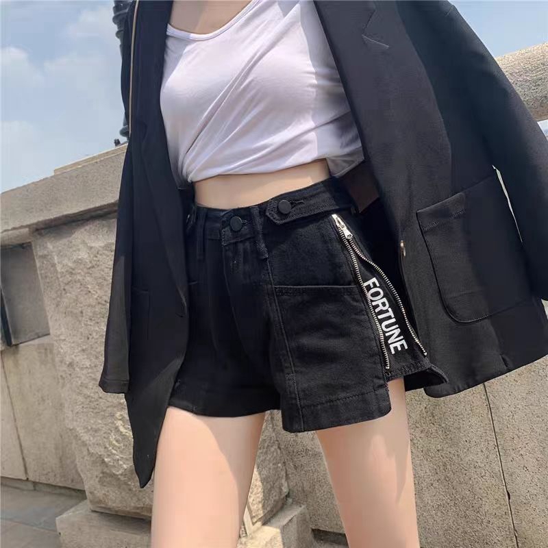 Quần Đùi Denim Cạp Cao Phối Khóa Kéo Cá Tính Cho Nữ