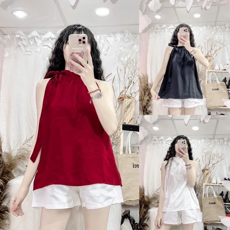 Set áo yếm lụa cột nơ rời phối quần short tafta