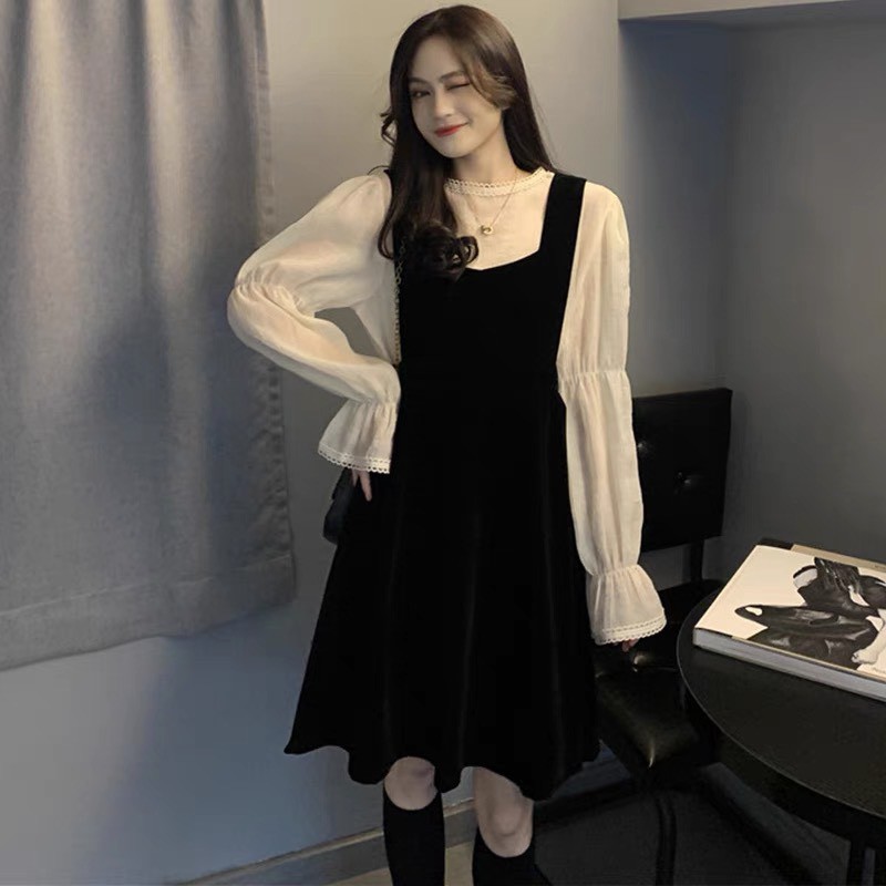 [Mã FAXANH245 giảm 10K đơn 50K] set đầm⚡Bán Lỗ⚡yếm nữ kèm áo sơ mi bèo trắng dài tay bồng tiểu thư babydoll [ S02] | BigBuy360 - bigbuy360.vn