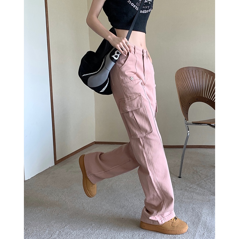 Quần Denim Lưng Cao Ống Rộng Phối Túi Cá Tính Dành Cho Nữ