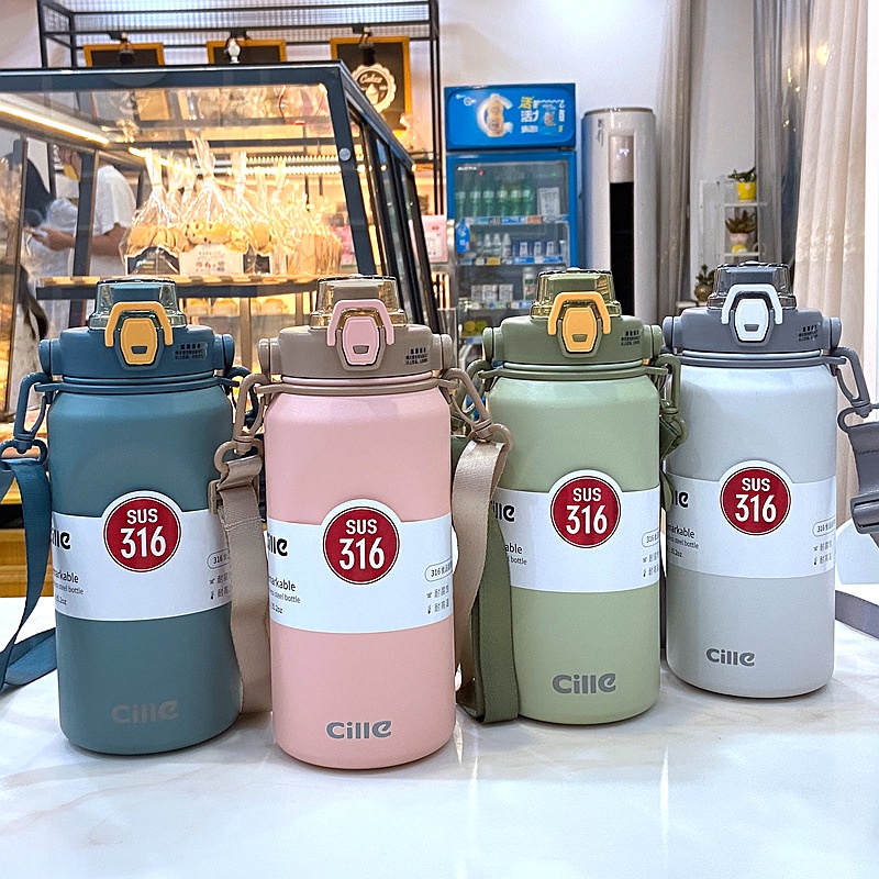 Bình Nước Giữ Nhiệt Cille 1000ml , Bình Nước Cao Cấp Có Ống Hút, Inox 316, Bình Nước Mang Đi Học