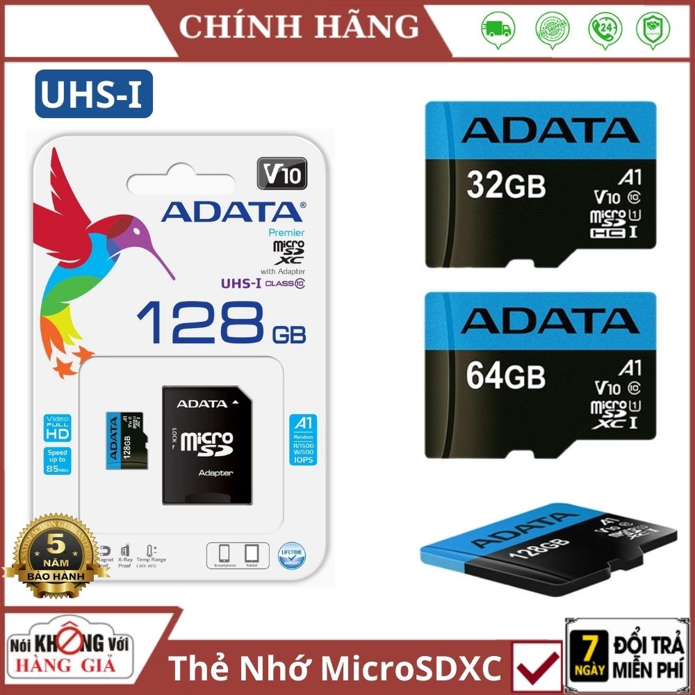 Thẻ nhớ Adata MicroSDHC 128Gb, 64Gb , 32Gb chính hãng upto 100MBs dành cho điện thoại , camera wifi SD