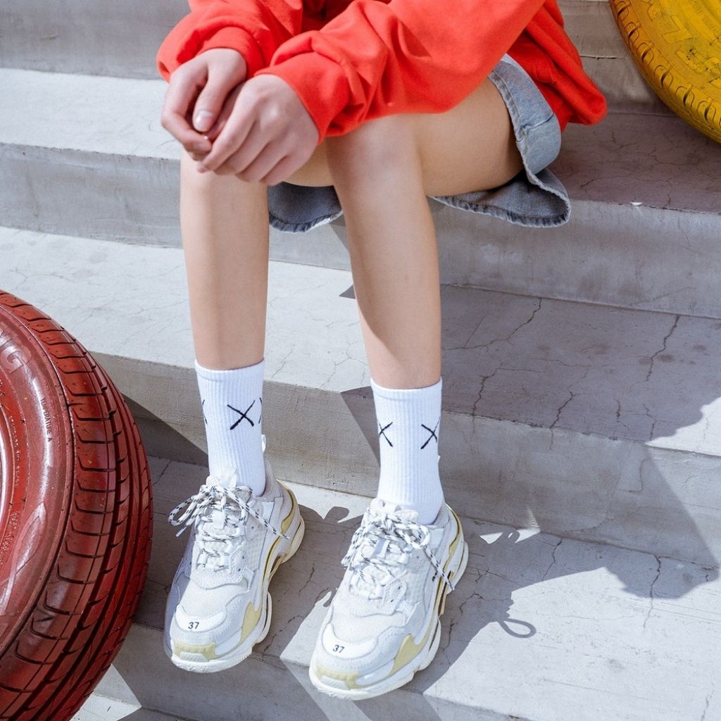 Tất cổ cao, vớ cổ cao nam nữ màu trơn basic in chữ XX vải cotton co giãn thời trang