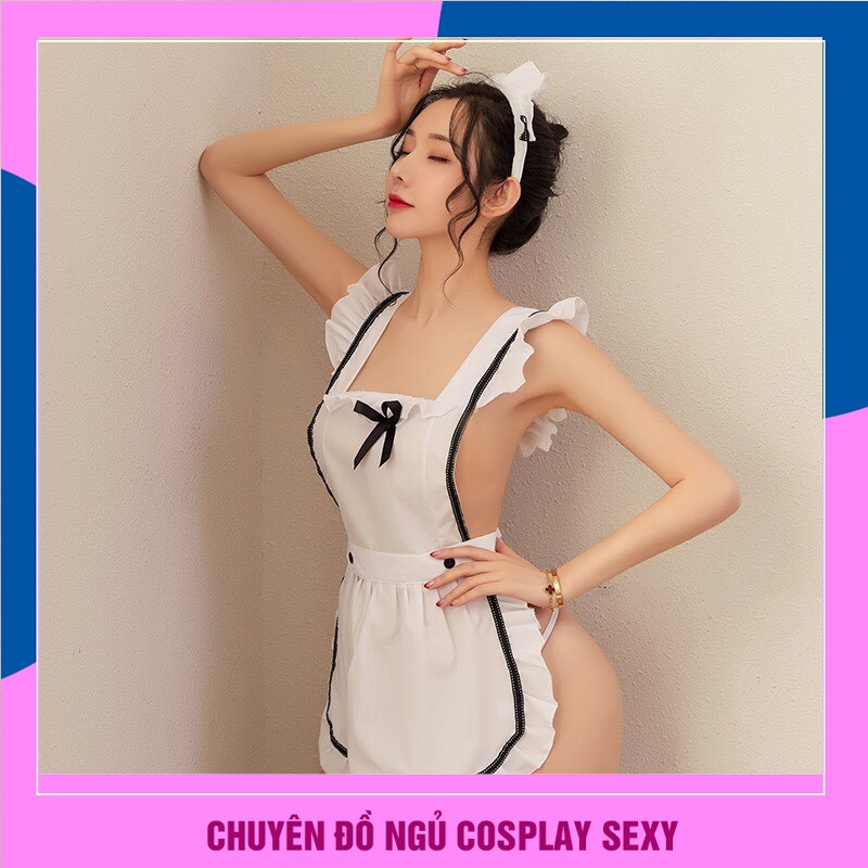 Đồ ngủ Cosplay nàng hầu gái gợi cảm - Tặng kèm tất ren, băng đô tóc và quần lót nữ lọt khe siêu sexy