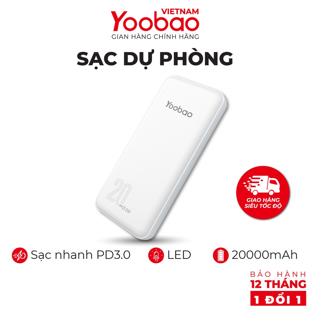 Sạc dự phòng 20000mAh Yoobao D20 - Sạc nhanh 2 chiều PD2.0 - công suất 20W - Hàng chính hãng - Bảo hành 12 tháng 1 đổi 1