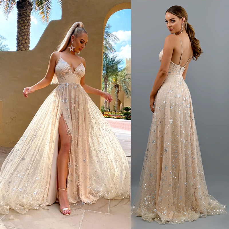 Đầm Dài Dự Tiệc Cổ Chữ V Hở Lưng Đính Kim Sa Lấp Lánh Thời Trang Quyến Rũ Dành Cho Nữ