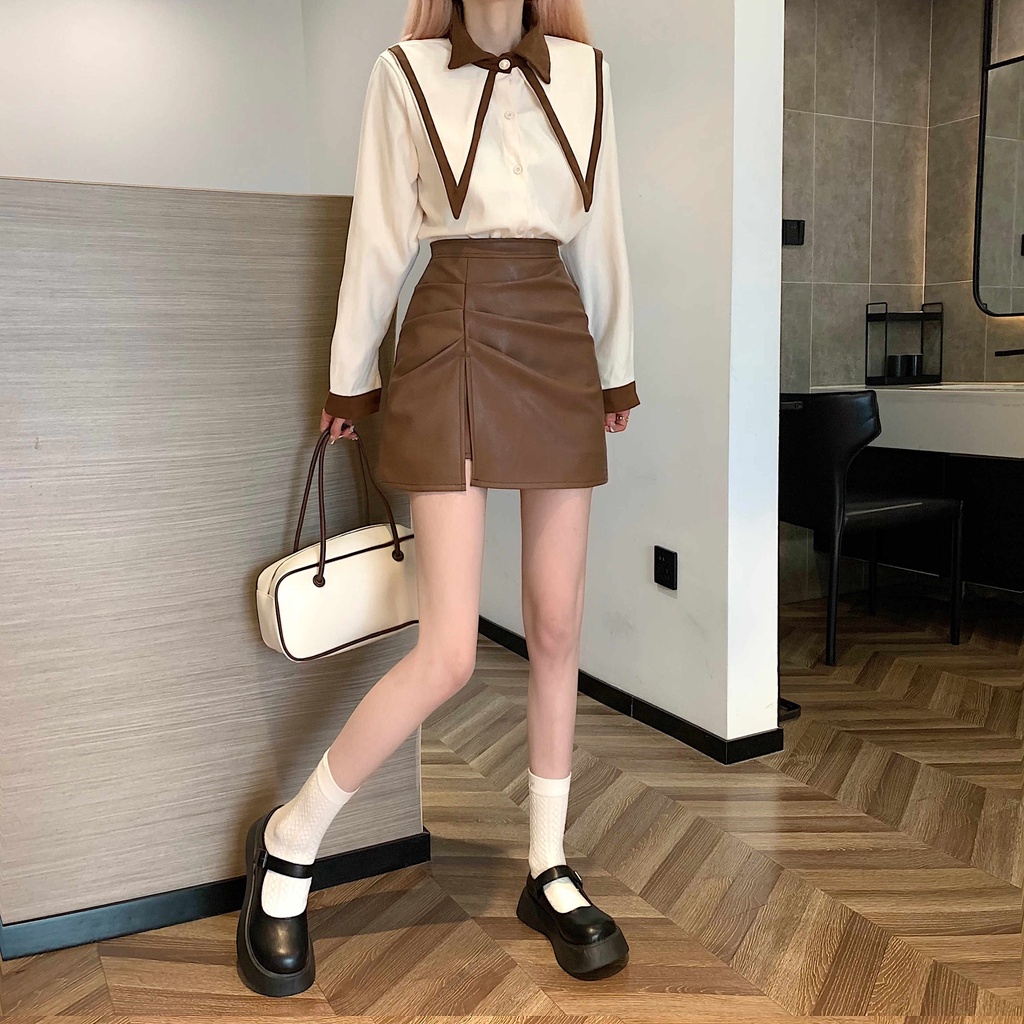 Porozi  váy Chân Váy Da Ngắn Lưng Cao Thiết Kế Lệch Tà Kiểu Hàn Quốc Cá Tính Cho Nữ