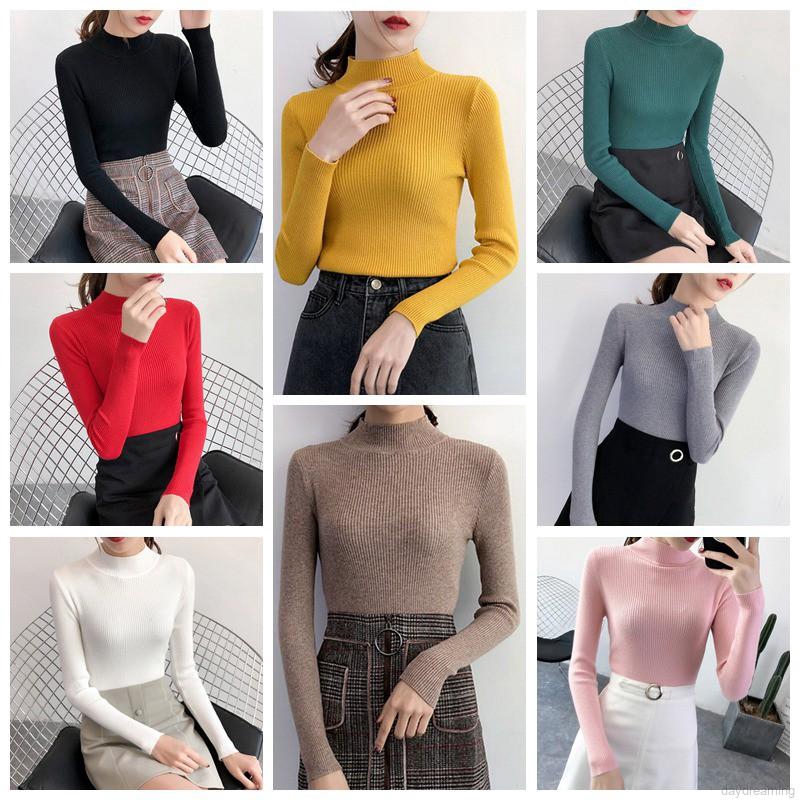 Áo Sweater tay dài màu trơn thiết kế cổ lọ thanh lịch