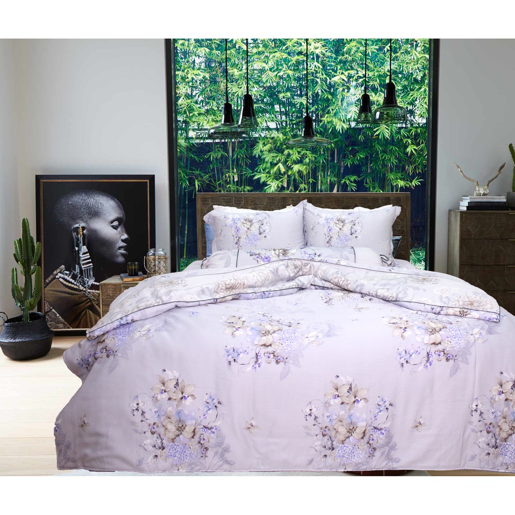 Bộ chăn ga gối ra giường satin gấm tơ tằm màu tím hoa lưu ly Hàn Quốc Julia 770