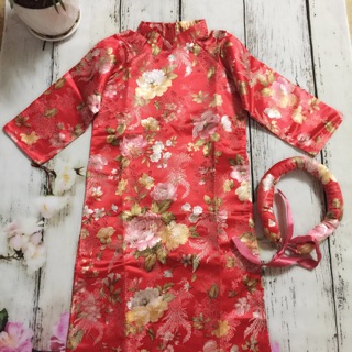 Áo dài gấm hoa cho bé( áo và khăn mấn)