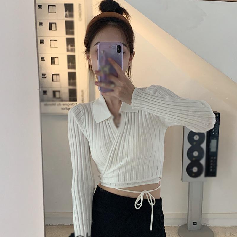 Áo croptop dệt kim tay dài cổ chữ V màu trơn phong cách Hàn Quốc cho nữ