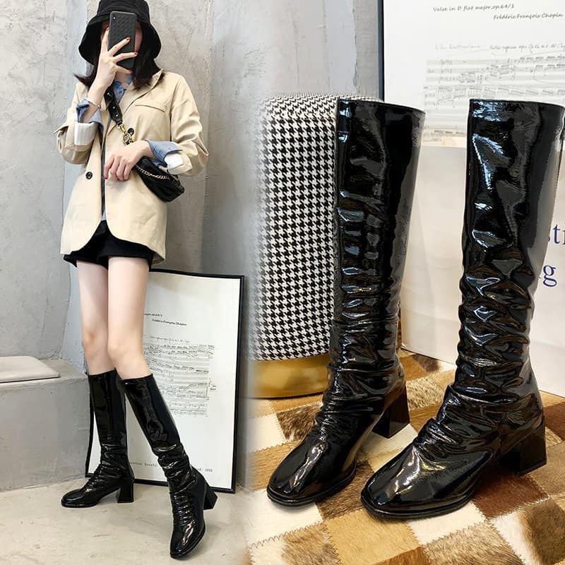 Giầy Bốt Nữ Boot Đùi/Ngắn Nhăn Da Lì Gót 7 Phân Khóa Sau Ôm Chân Chất Đẹp