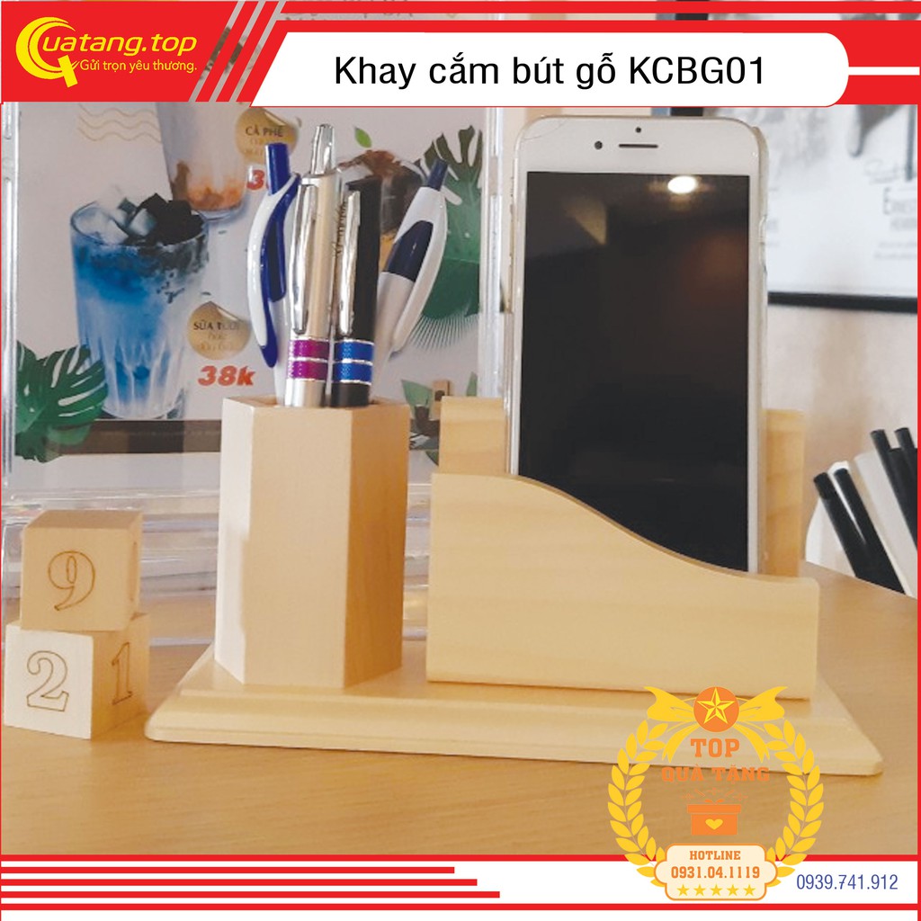 Khay cắm bút gỗ Maple cao cấp để bàn làm quà tặng khắc hàng | Có khắc tên logo theo yêu cầu