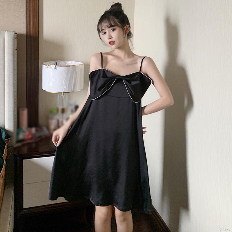 Đầm ngủ hai dây mỏng đính nơ thoải mái thời trang mùa hè Hàn Quốc