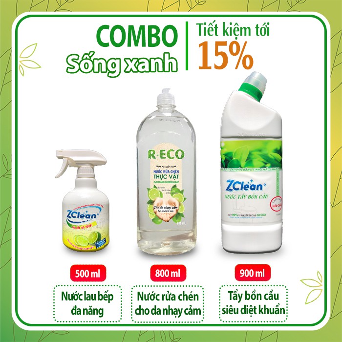 Combo Sống Xanh: Lau bếp hữu cơ + Lau sàn tinh dầu sả +  Tẩy bồn cầu diệt khuẩn không mùi Clo