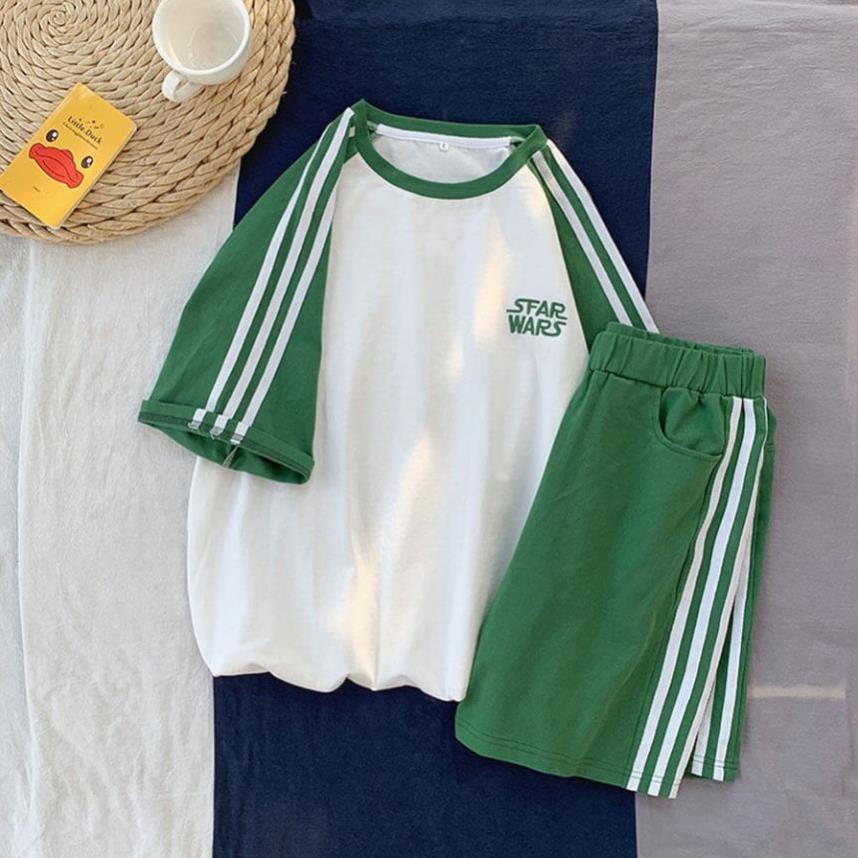 11.11 Set Đồ Nữ - Set Bộ Thể Thao Unisex Nam Nữ Star War Sọc Thêu Gồm Áo Thun Tay Lỡ + Quần Đùi Short Cotton Mềm Mịn *