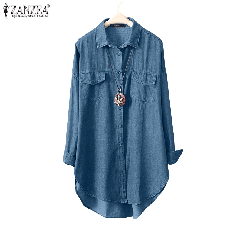 Áo sơ mi ZANZEA denim dài tay dáng rộng thời trang dành cho nữ