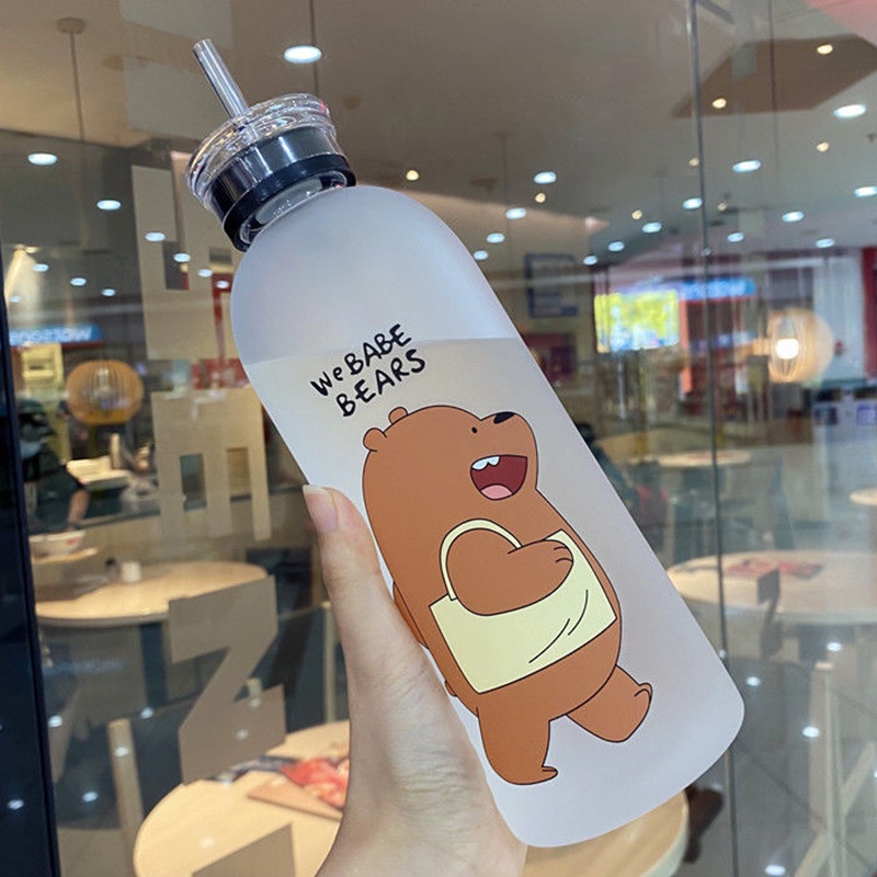 Bình Nước Nhựa Trong Suốt Cỡ Lớn Chống Tràn 1000Ml In Hình Gấu Đáng Yêu