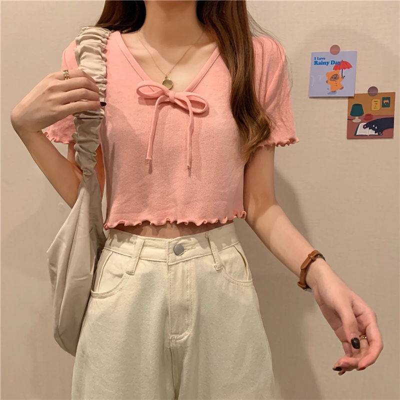 Áo Croptop Tay Ngắn Phối Nơ Màu Xanh Dương JL-TX-279