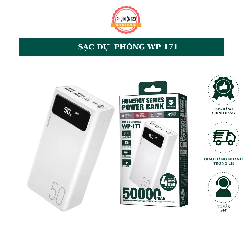 Pin sạc dự phòng thông minh 50000mAh Wekome WP171 tích hợp đèn pin, màn hình LED