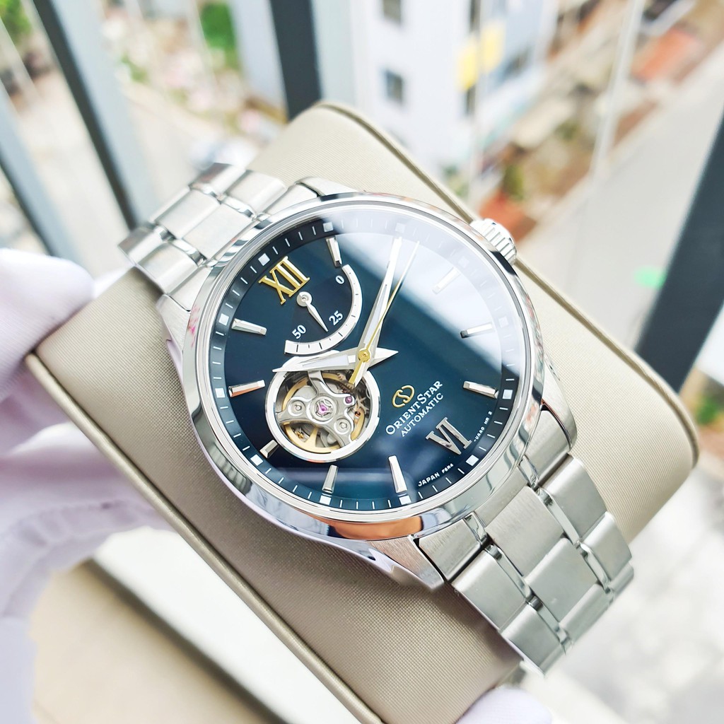 Đồng hồ Nam chính hãng Orient Star Hở tim RE-AT0002E00B Size 40mm,Mặt xanh ngọc-Máy cơ tự động Automatic-Dây kim loại