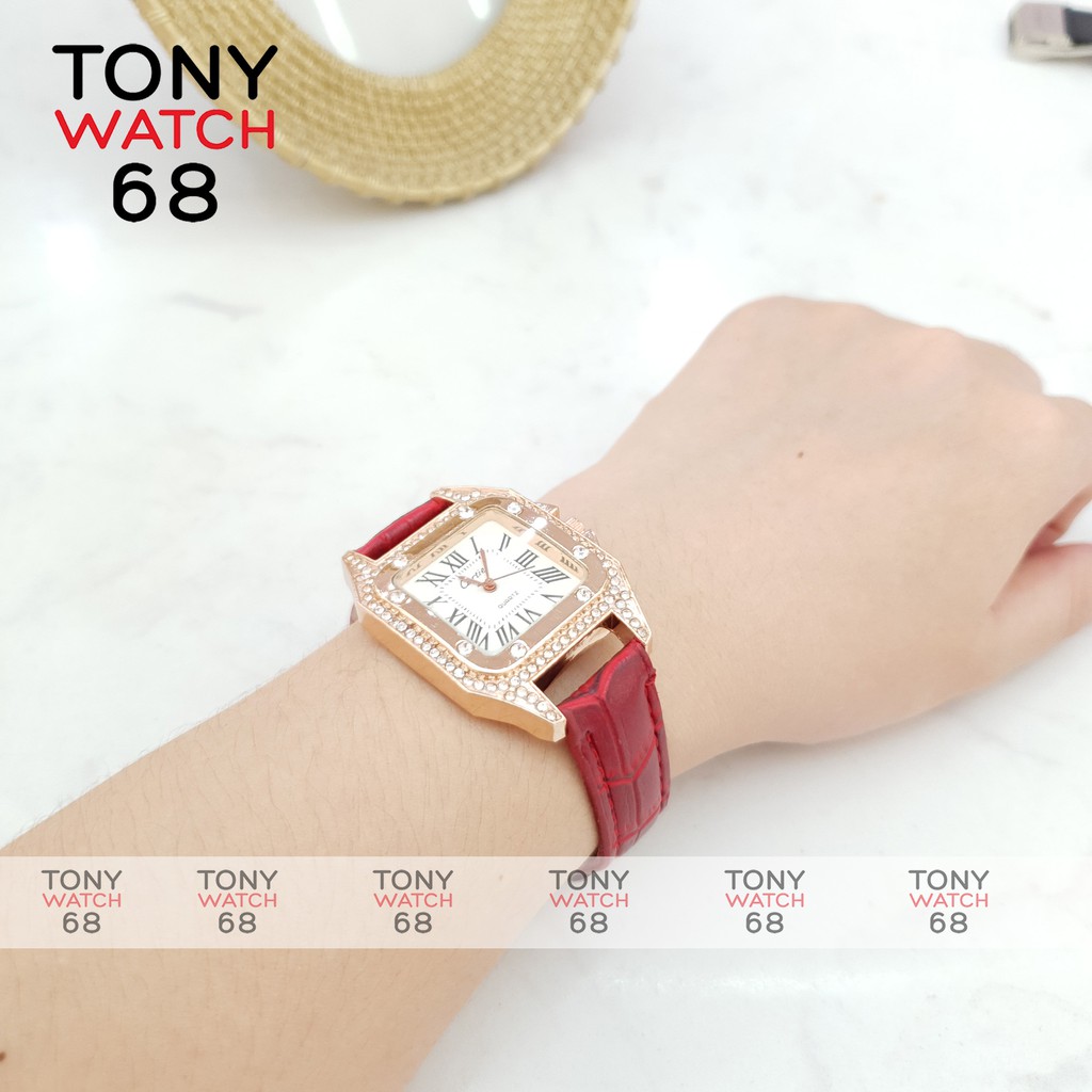 Đồng hồ nữ Tony Watch 68 mặt vuông dây da đỏ đính viền đá chống nước chính hãng sang chảnh đẹp | BigBuy360 - bigbuy360.vn