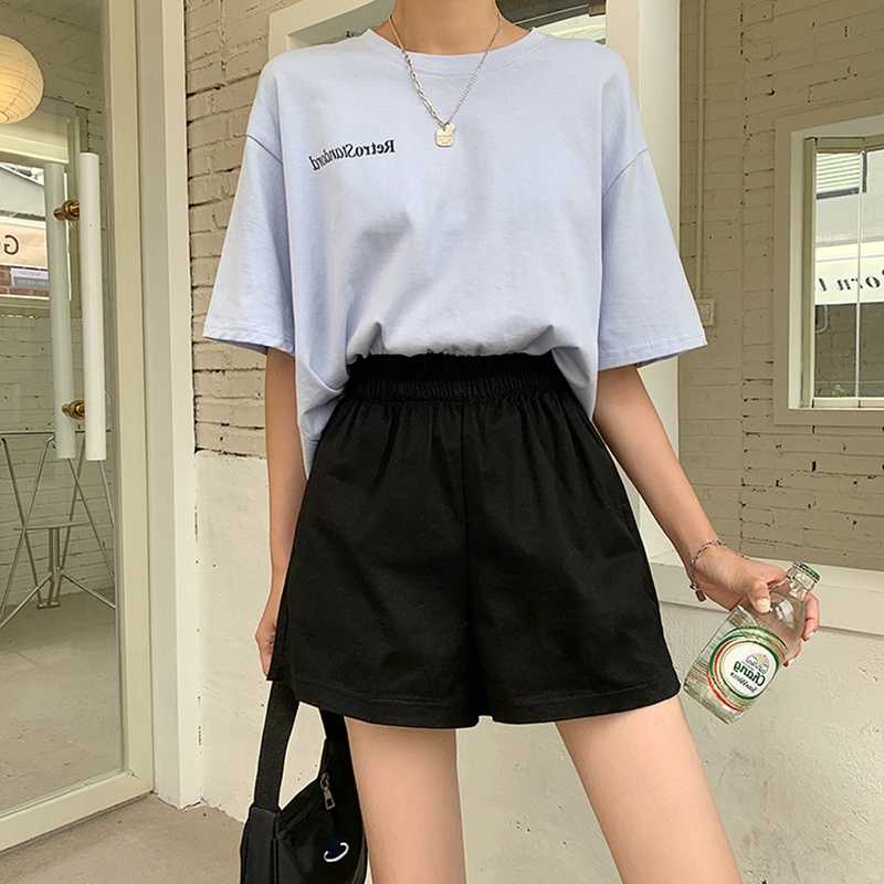 Quần ngắn thể thao IELGY lưng cao ống rộng màu trơn thời trang Hàn Quốc giản dị cho nữ