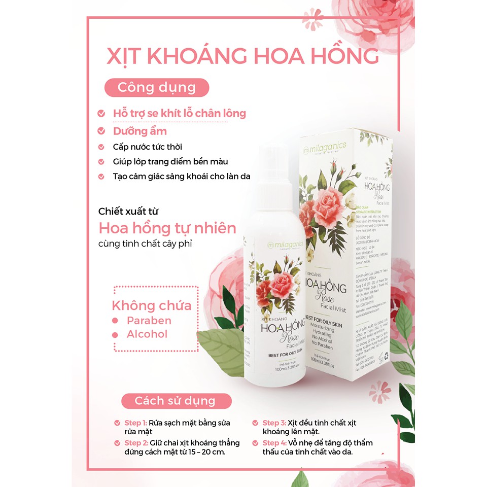 Xịt Khoáng Hoa Hồng Milaganics - Cấp Ẩm, Kiềm dầu cho da 100ml