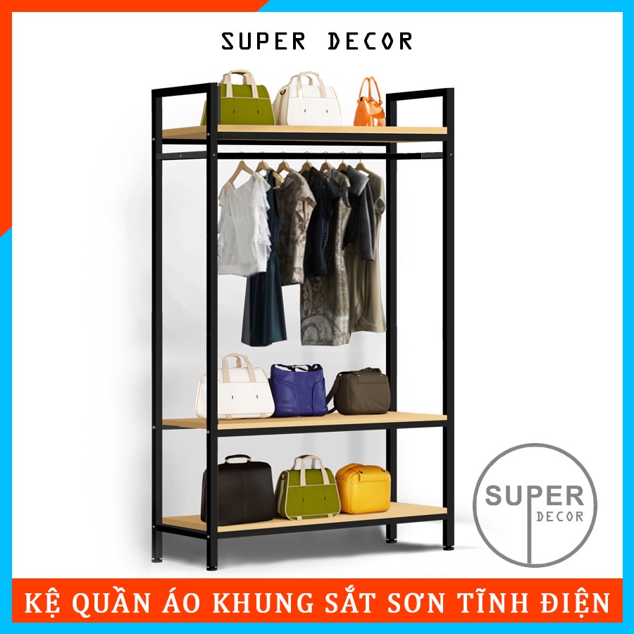 Kệ treo quần áo 2 ngăn khung sắt sơn tĩnh điện, lắp ráp thuận tiện đa năng, sàn gỗ melamin sang trọng, giá xưởng