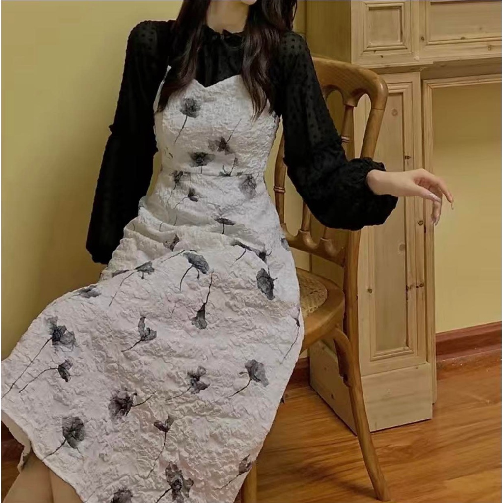 Set sơ mi dài tay + đầm hai dây dáng dài phong cách Retro 2022