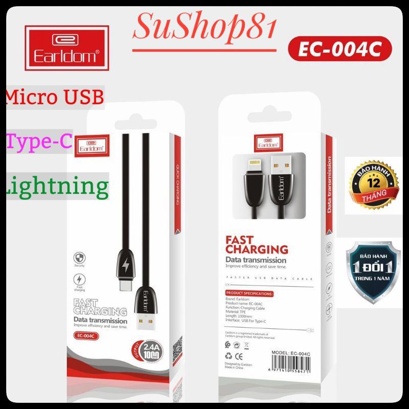 Dây cáp sạc nhanh EARLDOM dài 1m EC- 004 chính hãng,nhả năng sạc và truyền dữ liệu tốc độ cao ổn định
