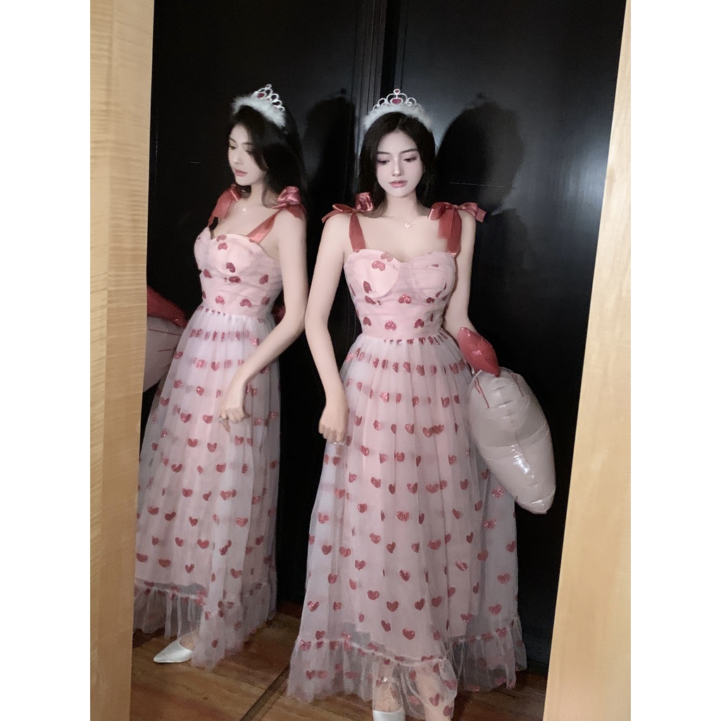 Đầm 2 dây lưới hồng trái tim cột nơ vai công chúa ulzzang