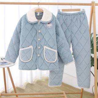 Phụ nữ mùa đông flannel ba lớp chần bông cộng với nhung dày dặn dịch vụ tại nhà phù hợp với bộ đồ ngủ bằng lông cừu san