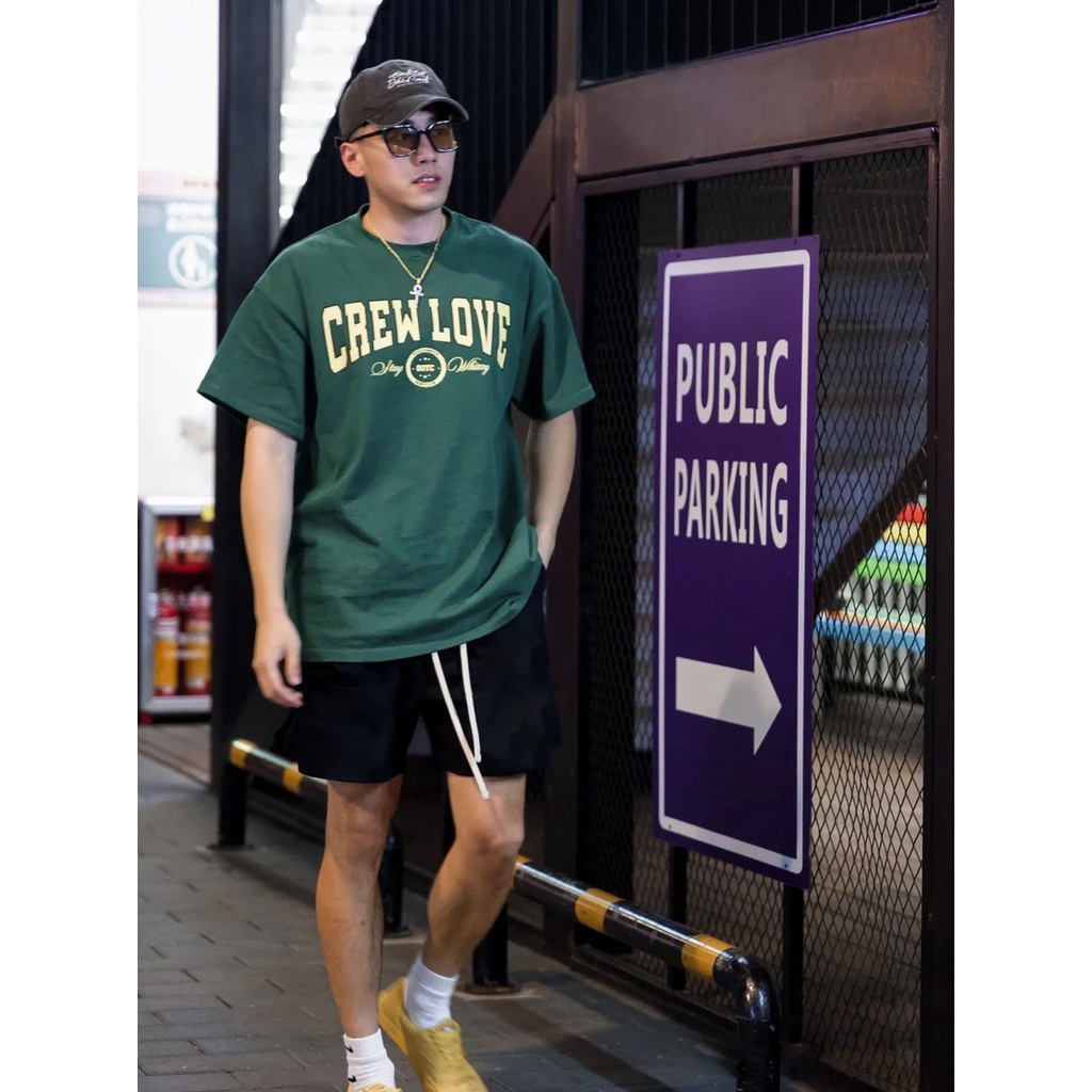 Áo thun tay lỡ unisex nam nữ trơn CREW LOVE cotton form rộng màu xanh lá oversize nhiều màu phong cách uilzzang