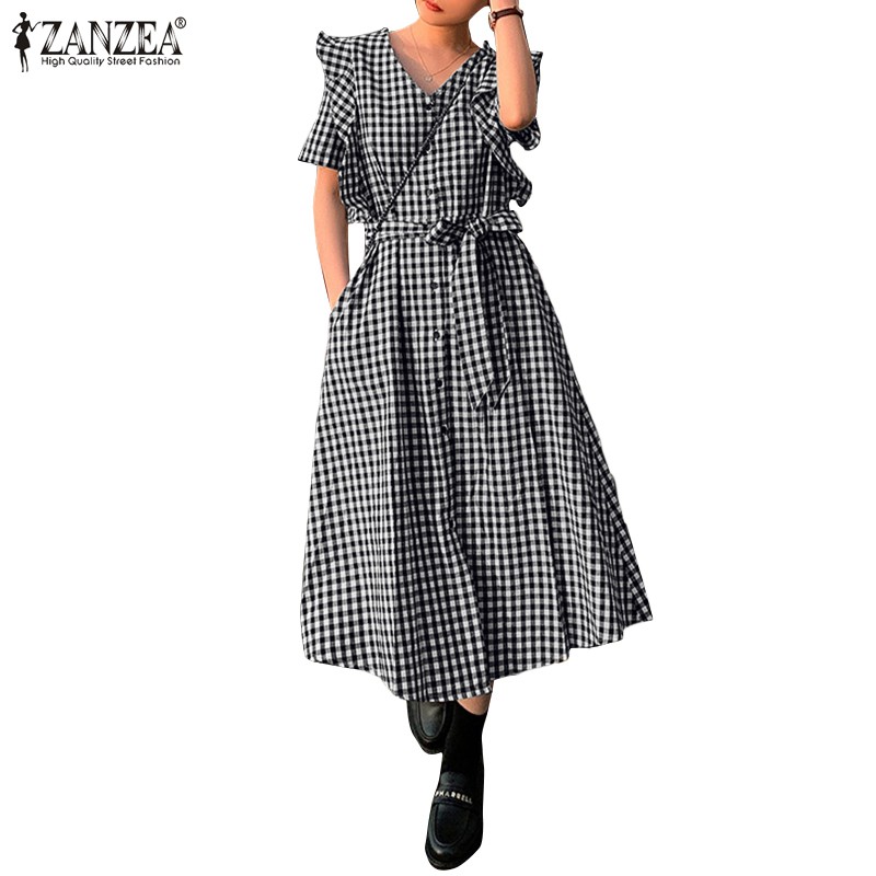 ZANZEA Đầm Dài Họa Tiết Ca Rô Thời Trang Thanh Lịch Dành Cho Nữ | BigBuy360 - bigbuy360.vn