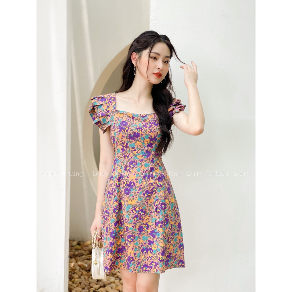 Đầm thiết kế nữ váy cổ vuông chiết eo tay bèo chất thô Hàn 2 lớp váy đi chơi thời trang thiết kế Larry Clothing V076