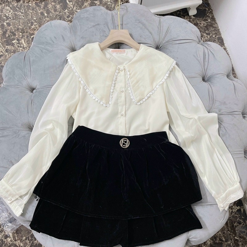 [Mã FAMARAL1 giảm 10K đơn 50K] áo sơ mi tiểu thư viền ren cổ buộc nơ đen thắt nơ | BigBuy360 - bigbuy360.vn