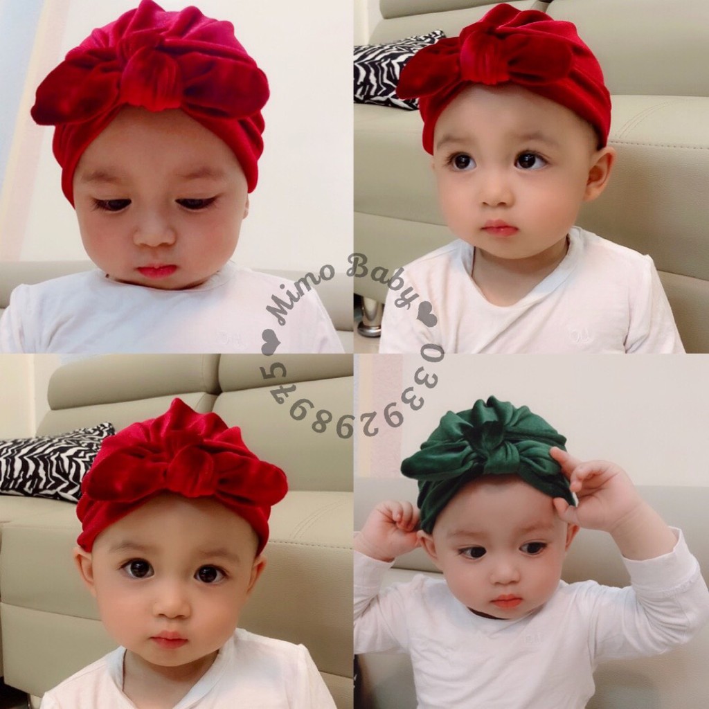 Mũ turban nơ nhung cho bé (6-24m)