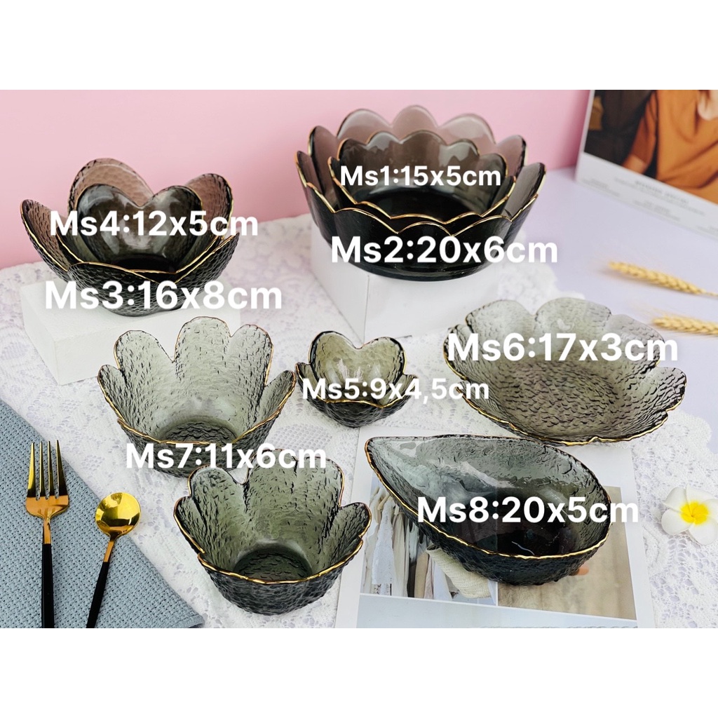 Bộ bát đĩa,chén dĩa ăn cơm,Bộ đồ ăn Thủy tinh viền vàng Màu Đen decor cao cấp