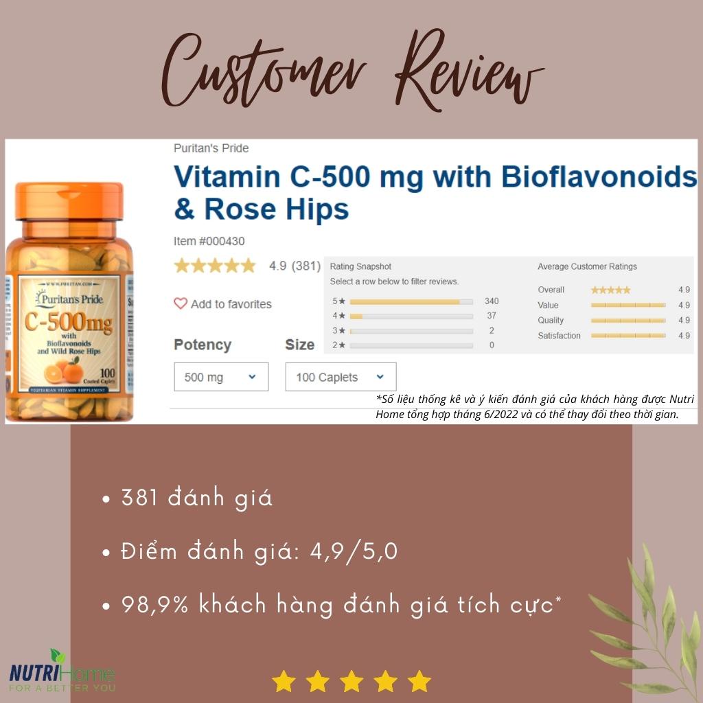 Viên uống đẹp da, tăng cường miễn dịch Vitamin C 500mg Puritan’s Pride ngừa viêm, giảm thâm mụn