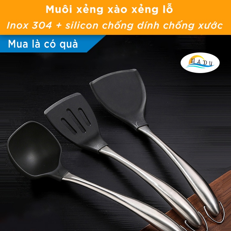 Muôi múc canh xẻng nấu ăn inox 304 cao cấp Silicone chống dính chống xước nồi chảo an toàn HADU