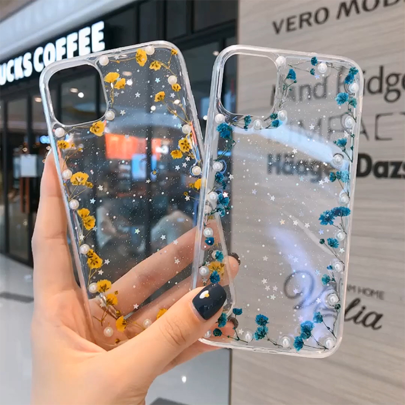 Ốp điện thoại TPU mềm trong suốt ép hoa khô thích hợp cho iPhone 11 12 Pro Max 12 Mini X 6 6S 7 8 Plus XR XS MAX