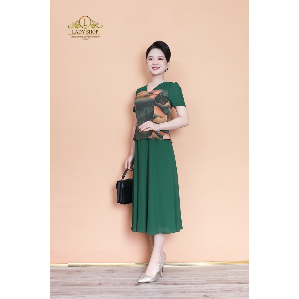 Đầm peplum lụa hoa sen phối voan Ladyshop thời trang trung niên cao cấp TK948